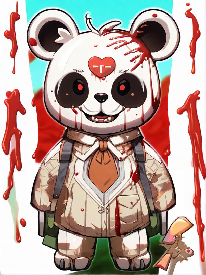  , a cute guilt robot bear, sticker, akira toriyama , white background,murder bear, bloody , dripping blood,bloody trump head on ground<lora:halloween-makeup:0.9380552704105101><lora:illustration-style:0.5895297976427594><lora:rionrtlora:0.009435480412516073><lora:margiela-ss24:0.35833211775159257> hyperrealistic, full body, detailed clothing, highly detailed, cinematic lighting, stunningly beautiful, intricate, sharp focus, f/1. 8, 85mm, (centered image composition), (professionally color graded), ((bright soft diffused light)), volumetric fog, trending on instagram, trending on tumblr, HDR 4K, 8K