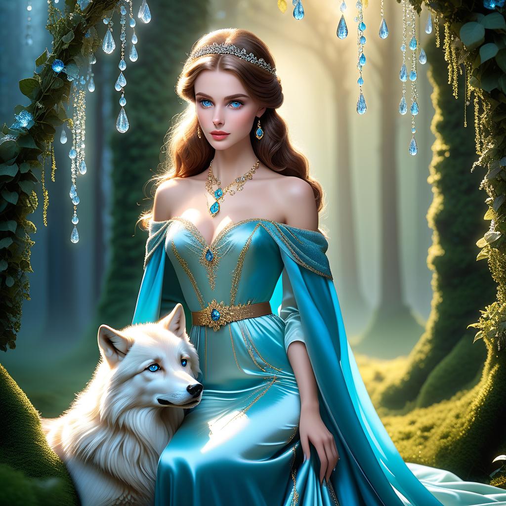  fairy tale (A beautiful ) with knee length brown hair and very sad blue eyes. She had precise facial features, arched eyebrows, and pale, porcelain like skin. Her ears were small, neat and rounded. She was dressed in the latest fashion: silk trousers the colour of early dawn, a gold brocade dressing gown with fur and tied with a sash. Her pale wrists were wrapped in tinkling celets, and her slender neck was adorned with a necklace made of frozen dewdrops. The beauty came closer, and the wolf cub ducked to the ground just in case. He saw the saffiano shoes with curved toes freeze right next to his muzzle. . magical, fantastical, enchanting, storybook style, highly detailed hyperrealistic, full body, detailed clothing, highly detailed, cinematic lighting, stunningly beautiful, intricate, sharp focus, f/1. 8, 85mm, (centered image composition), (professionally color graded), ((bright soft diffused light)), volumetric fog, trending on instagram, trending on tumblr, HDR 4K, 8K