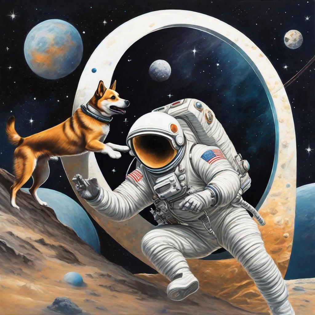  masterpiece, best quality,Draw an astronaut touching a space dog in outer space