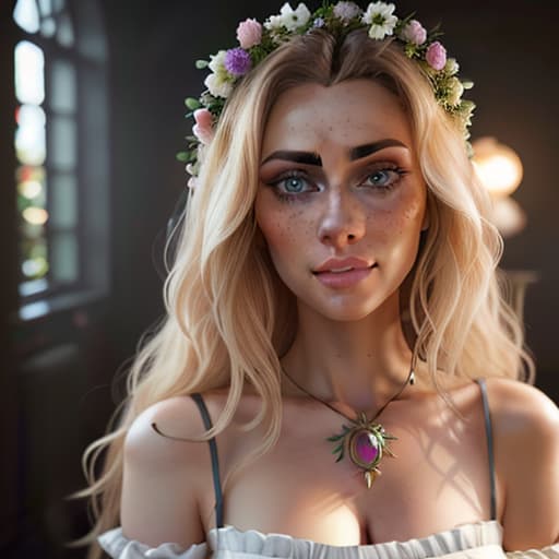  detailed and realistic portrait of a rapunzel maid with a few freckles, long blonde disheveled hairs, multicolor mesmerizing eyes, dark fluffy dress, soft natural lighting, portrait photography, magical photography, dramatic lighting, photo realism, ultra detailed, intimate portrait composition, flowers in background, Leica 50mm, f1. 4 hyperrealistic, full body, detailed clothing, highly detailed, cinematic lighting, stunningly beautiful, intricate, sharp focus, f/1. 8, 85mm, (centered image composition), (professionally color graded), ((bright soft diffused light)), volumetric fog, trending on instagram, trending on tumblr, HDR 4K, 8K