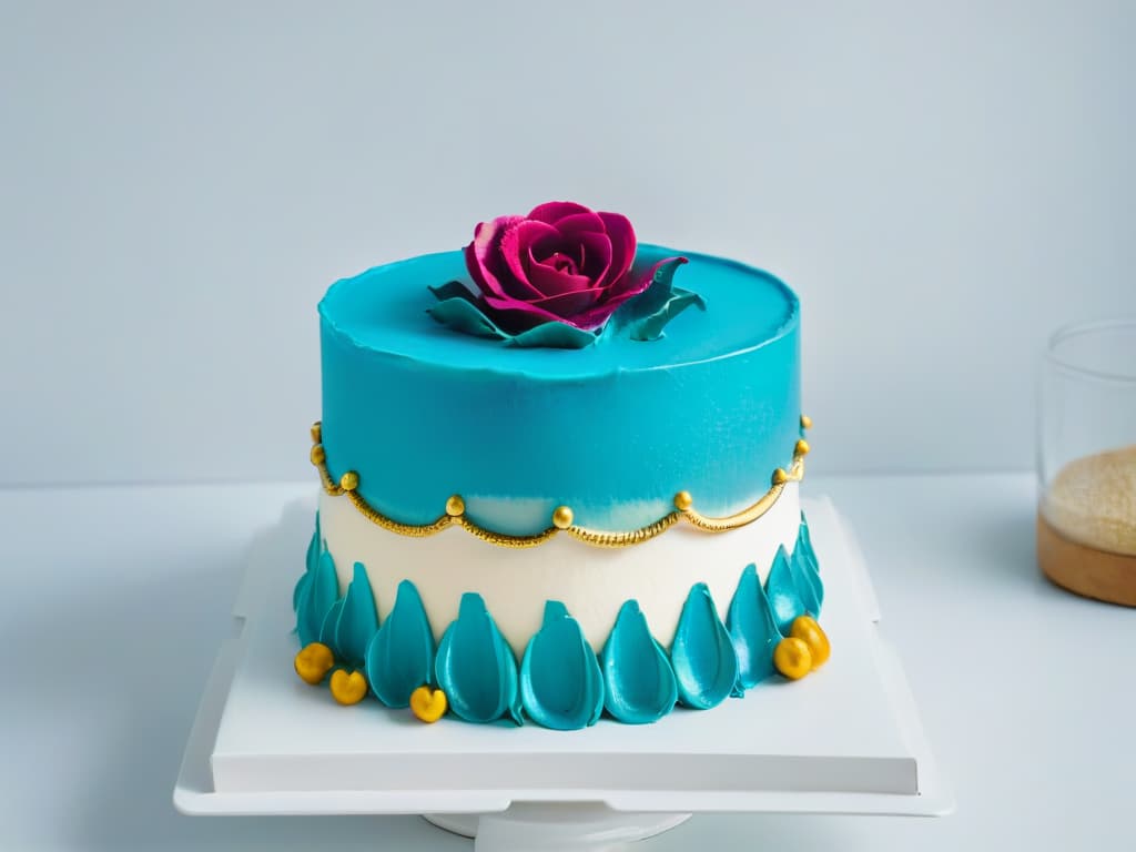  A highresolution, ultradetailed image of a beautifully decorated vegan cake, showcasing intricate plantbased frosting designs in vibrant colors like turquoise, magenta, and gold. The cake sits on a sleek, modern white cake stand against a clean, minimalistic background, emphasizing the artistry and elegance of vegan baking. hyperrealistic, full body, detailed clothing, highly detailed, cinematic lighting, stunningly beautiful, intricate, sharp focus, f/1. 8, 85mm, (centered image composition), (professionally color graded), ((bright soft diffused light)), volumetric fog, trending on instagram, trending on tumblr, HDR 4K, 8K