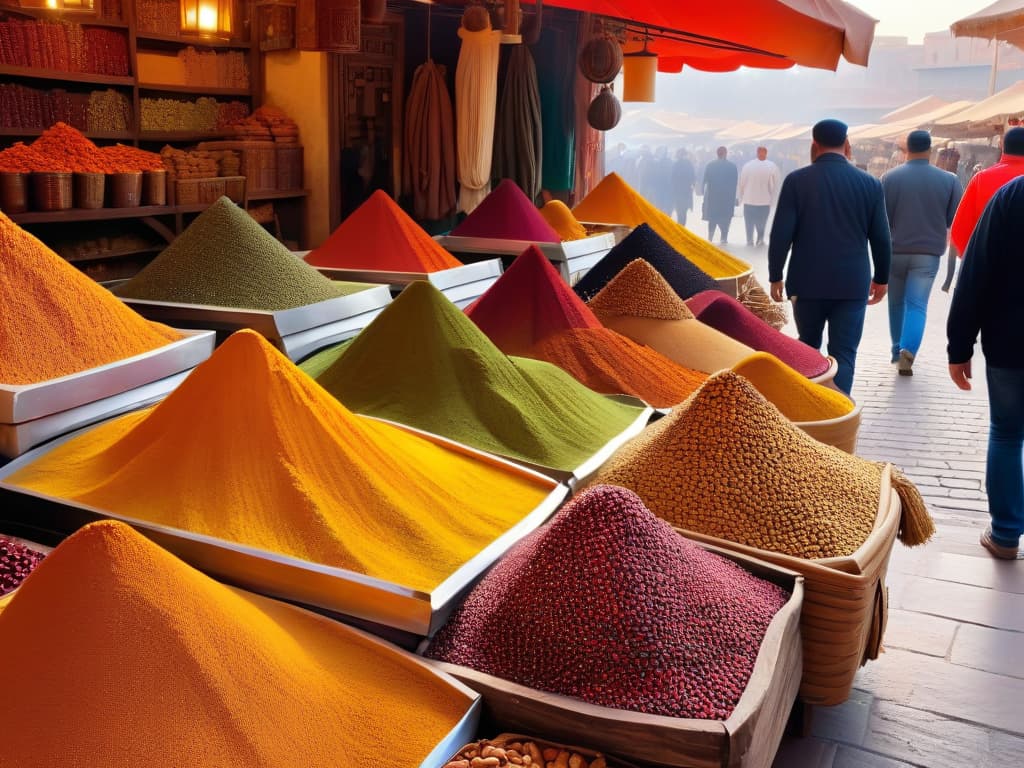  An ultradetailed image of a bustling spice market in Marrakech, Morocco. The photo captures vibrant displays of colorful spices, dried fruits, and nuts in intricately decorated stalls with traditional North African architecture in the background. The scene is alive with locals and tourists browsing the exotic goods under the warm glow of the setting sun, creating a rich tapestry of textures and hues that evoke the essence of culinary adventures in Africa and the Middle East. hyperrealistic, full body, detailed clothing, highly detailed, cinematic lighting, stunningly beautiful, intricate, sharp focus, f/1. 8, 85mm, (centered image composition), (professionally color graded), ((bright soft diffused light)), volumetric fog, trending on instagram, trending on tumblr, HDR 4K, 8K