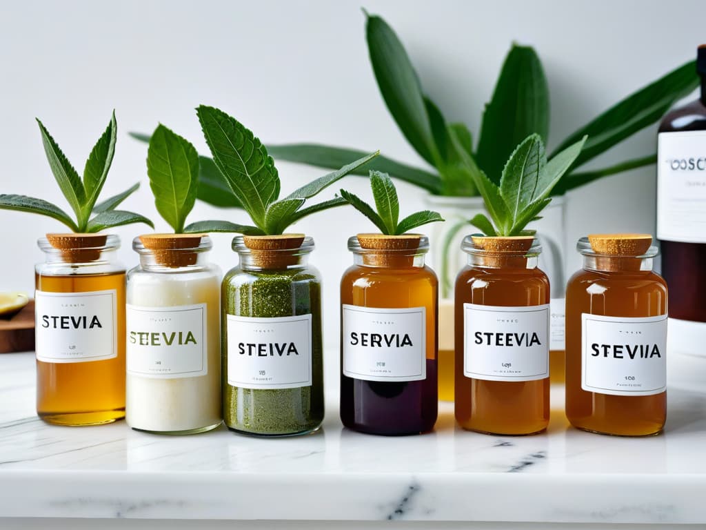  A highresolution, ultradetailed image of a pristine, white marble kitchen countertop adorned with a variety of organic, natural sweeteners like stevia leaves, raw agave nectar, coconut sugar, and maple syrup, all neatly arranged in small glass containers with elegant, minimalist labels. The soft, natural light cascading over the ingredients creates a serene and inviting atmosphere, highlighting the purity and simplicity of these veganfriendly sweeteners. hyperrealistic, full body, detailed clothing, highly detailed, cinematic lighting, stunningly beautiful, intricate, sharp focus, f/1. 8, 85mm, (centered image composition), (professionally color graded), ((bright soft diffused light)), volumetric fog, trending on instagram, trending on tumblr, HDR 4K, 8K