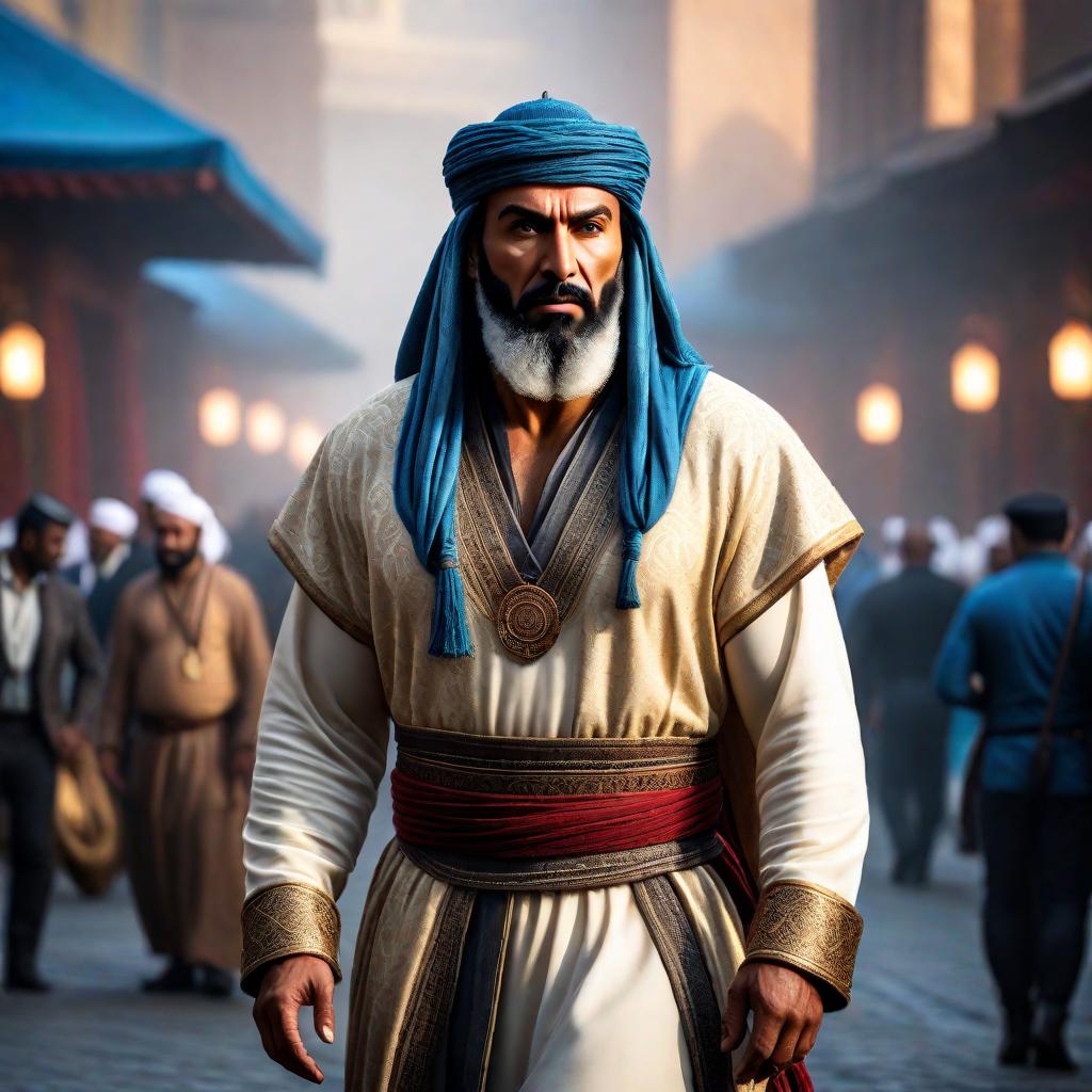  Ibn Battuta hyperrealistic, full body, detailed clothing, highly detailed, cinematic lighting, stunningly beautiful, intricate, sharp focus, f/1. 8, 85mm, (centered image composition), (professionally color graded), ((bright soft diffused light)), volumetric fog, trending on instagram, trending on tumblr, HDR 4K, 8K