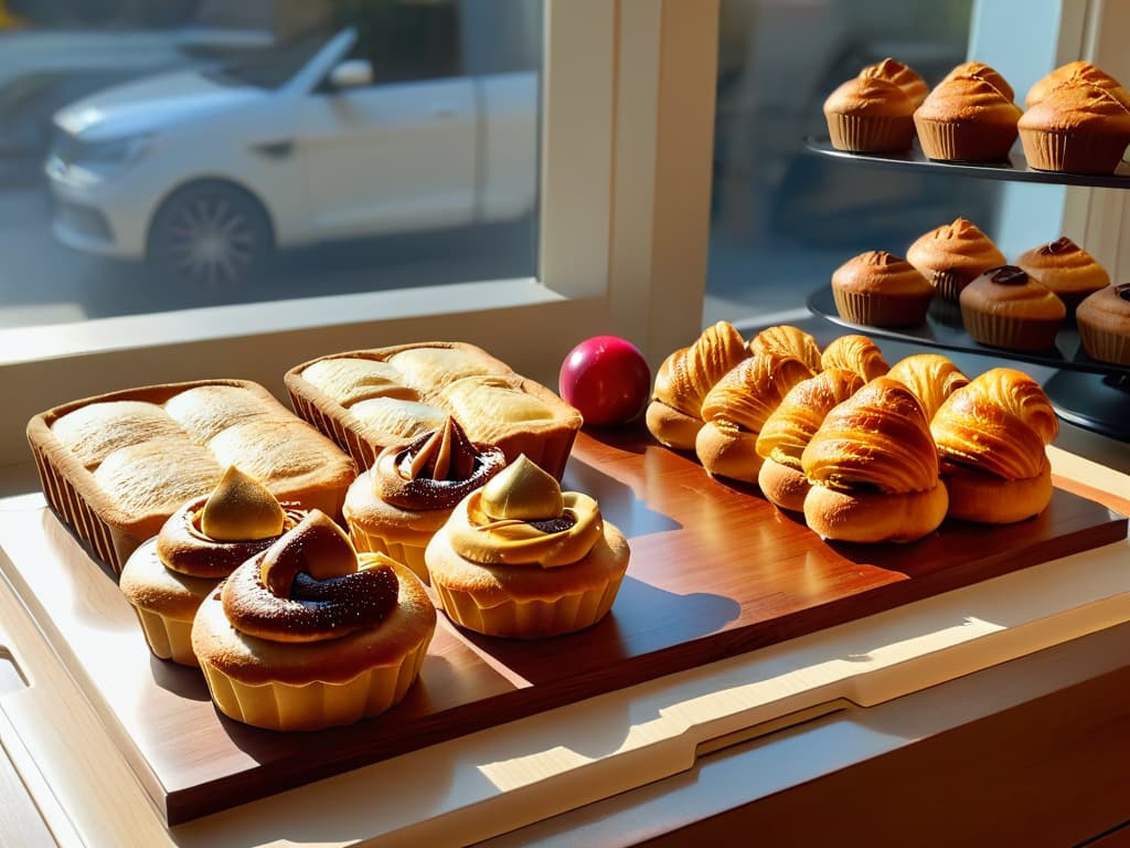  An ultradetailed image of a sleek, modern kitchen featuring a marble countertop adorned with freshly baked pastries like croissants, muffins, and tarts. The soft morning light filters through a large window, casting a warm glow on the golden crusts of the pastries. Steam rises gently from a cup of coffee placed next to a perfectly frosted cake on a minimalist wooden table. The scene exudes a sense of calm and creativity, inviting the viewer to indulge in the art of baking. hyperrealistic, full body, detailed clothing, highly detailed, cinematic lighting, stunningly beautiful, intricate, sharp focus, f/1. 8, 85mm, (centered image composition), (professionally color graded), ((bright soft diffused light)), volumetric fog, trending on instagram, trending on tumblr, HDR 4K, 8K