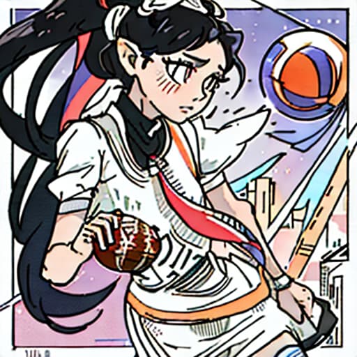  anime girl black hair bright dark brown eyes red and white basketball uniform with the number 18 and the name Nicky white and black shoes Have your hair in a medium high ponytail with two strands on the sides of your ears, have a basketball and look full body Pastel Palette, Da Vinci's Dreams, Picasso's , Sunrise Splendors, Floral Fantasy, Mystical Moonscapes, Urban Nature, Crystal Clear, Cinematic hyperrealistic, full body, detailed clothing, highly detailed, cinematic lighting, stunningly beautiful, intricate, sharp focus, f/1. 8, 85mm, (centered image composition), (professionally color graded), ((bright soft diffused light)), volumetric fog, trending on instagram, trending on tumblr, HDR 4K, 8K