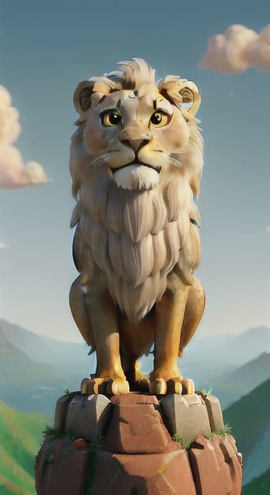  {The lion and eagle standing on the peak of a tall mountain, looking out over the land, The lion has a golden mane and bright, curious eyes. The eagle is large with a sharp beak and powerful wings.