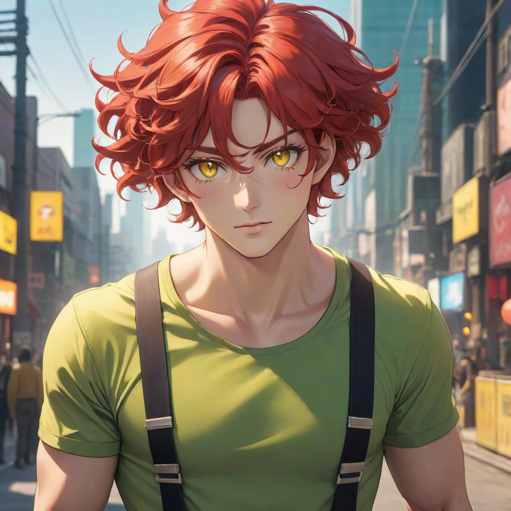  manga style A man, fair skin, suspenders, hazel eyes, red hair, curly hair, fantasy, yellow green shirt. . vibrant, high energy, detailed, iconic, Japanese comic style hyperrealistic, full body, detailed clothing, highly detailed, cinematic lighting, stunningly beautiful, intricate, sharp focus, f/1. 8, 85mm, (centered image composition), (professionally color graded), ((bright soft diffused light)), volumetric fog, trending on instagram, trending on tumblr, HDR 4K, 8K