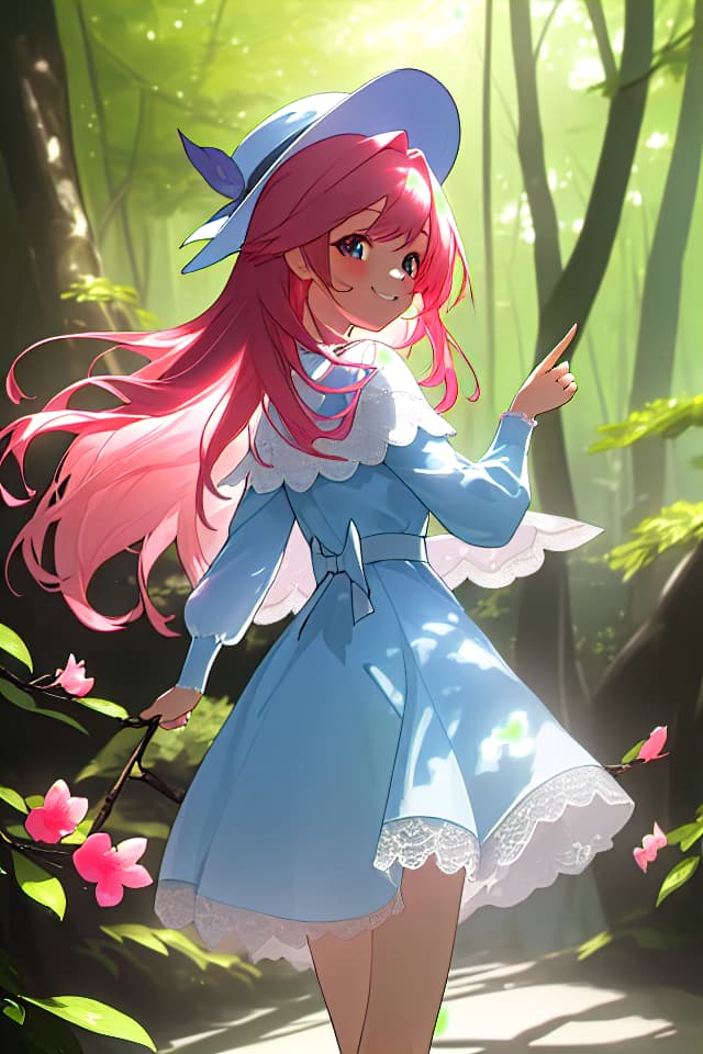  Masterpiece,super resolution,top quality,natural light,sunlight through trees,best shadow,a ,delicate dark pink hair color,glossy hair color,gradient hair color,long hair,pretty hat,white lace cardigan,blue dress👗,ロリータファッション,swinging looking back,smiling,pointing in the distance,bright forest park,azalea flowers,super high resolution,8K