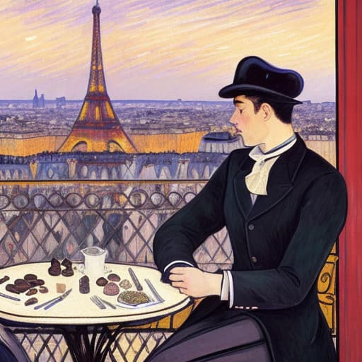  attractive young Parisian couple dressed in modern designer outfits who are romantically together in Paris. Foreground a small plate of fine dark chocolates on a bedside table. Background dusk with a lite Eiffel Tour Monument. Painting style of Henri de Toulouse-Lautrec