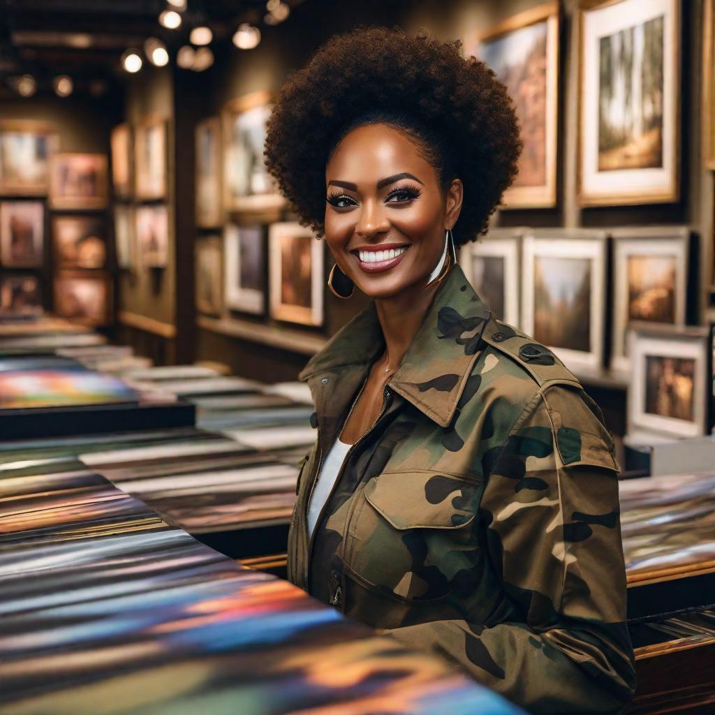  African American Woman smiling in camouflage shopping at a luxury gift shop with expensive paintings on the wall hyperrealistic, full body, detailed clothing, highly detailed, cinematic lighting, stunningly beautiful, intricate, sharp focus, f/1. 8, 85mm, (centered image composition), (professionally color graded), ((bright soft diffused light)), volumetric fog, trending on instagram, trending on tumblr, HDR 4K, 8K