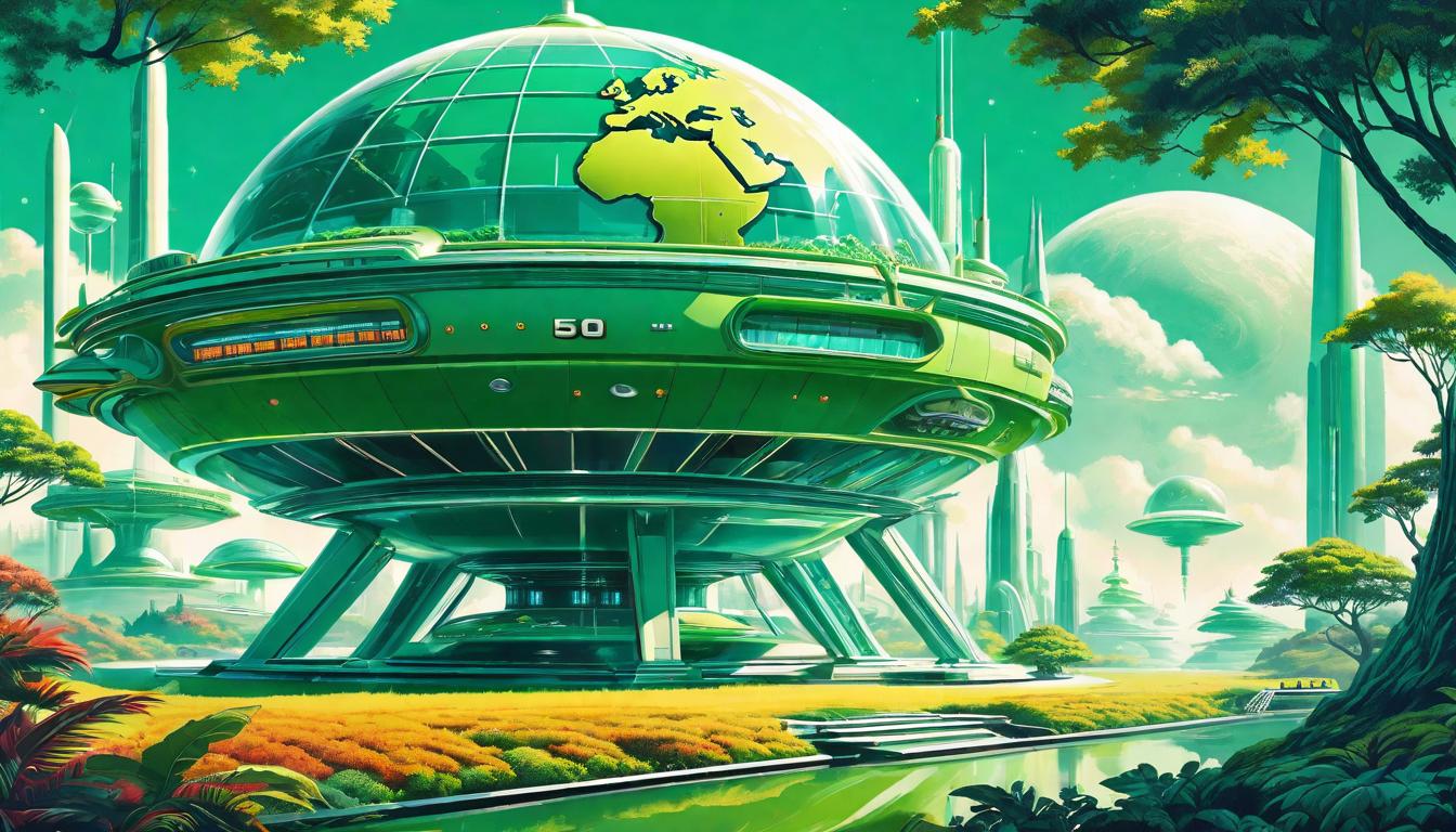  retro futuristic Innovative green technology apparatus, nurturing the planet, sustainable development, preservation over exploitation, harmony with environment lvintage sci fi, 50s and 60s style, atomic age, vibrant, highly detailed