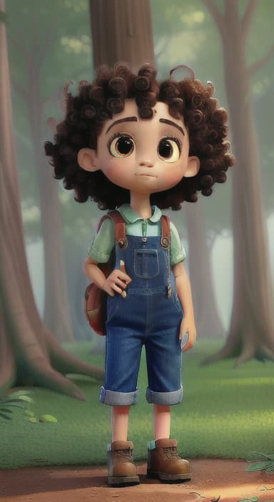  {The tree with a twinkling eye, while its leaves gently rustle., Riley, a curious with big brown eyes and curly hair, wearing overalls and carrying a small backpack. Their friend, Skye, a bluebird with shiny feathers.