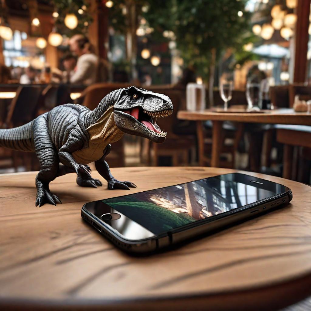  Realistic 3d image, iPhone cell phone lying on a table in a cafe, T-Rex dinosaur bursting out of it, hyperrealistic T-Rex bursting out of the phone!!!, hyperrealistic photography], professional photography] hyperrealistic, full body, detailed clothing, highly detailed, cinematic lighting, stunningly beautiful, intricate, sharp focus, f/1. 8, 85mm, (centered image composition), (professionally color graded), ((bright soft diffused light)), volumetric fog, trending on instagram, trending on tumblr, HDR 4K, 8K