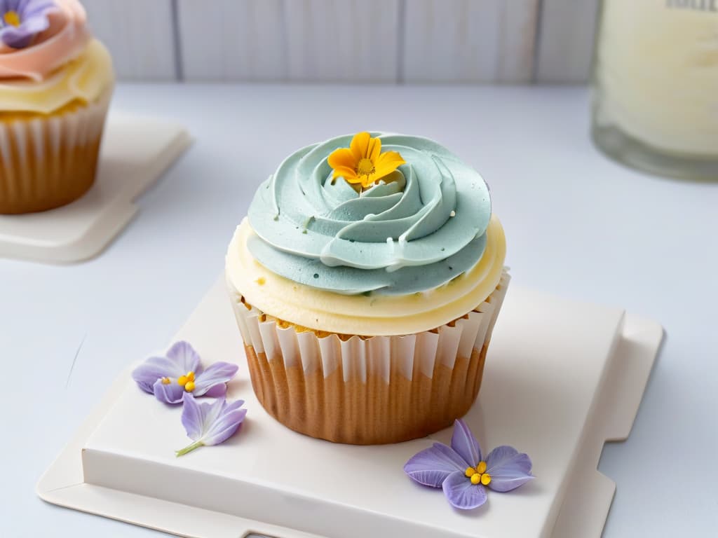  A minimalistic image of a beautifully decorated cupcake with a light, fluffy texture, topped with a delicate swirl of pastelcolored frosting and a sprinkle of edible flowers, set against a clean, white background. The cupcake is elegantly displayed on a simple, modern plate, enhancing the overall aesthetic of the image. hyperrealistic, full body, detailed clothing, highly detailed, cinematic lighting, stunningly beautiful, intricate, sharp focus, f/1. 8, 85mm, (centered image composition), (professionally color graded), ((bright soft diffused light)), volumetric fog, trending on instagram, trending on tumblr, HDR 4K, 8K