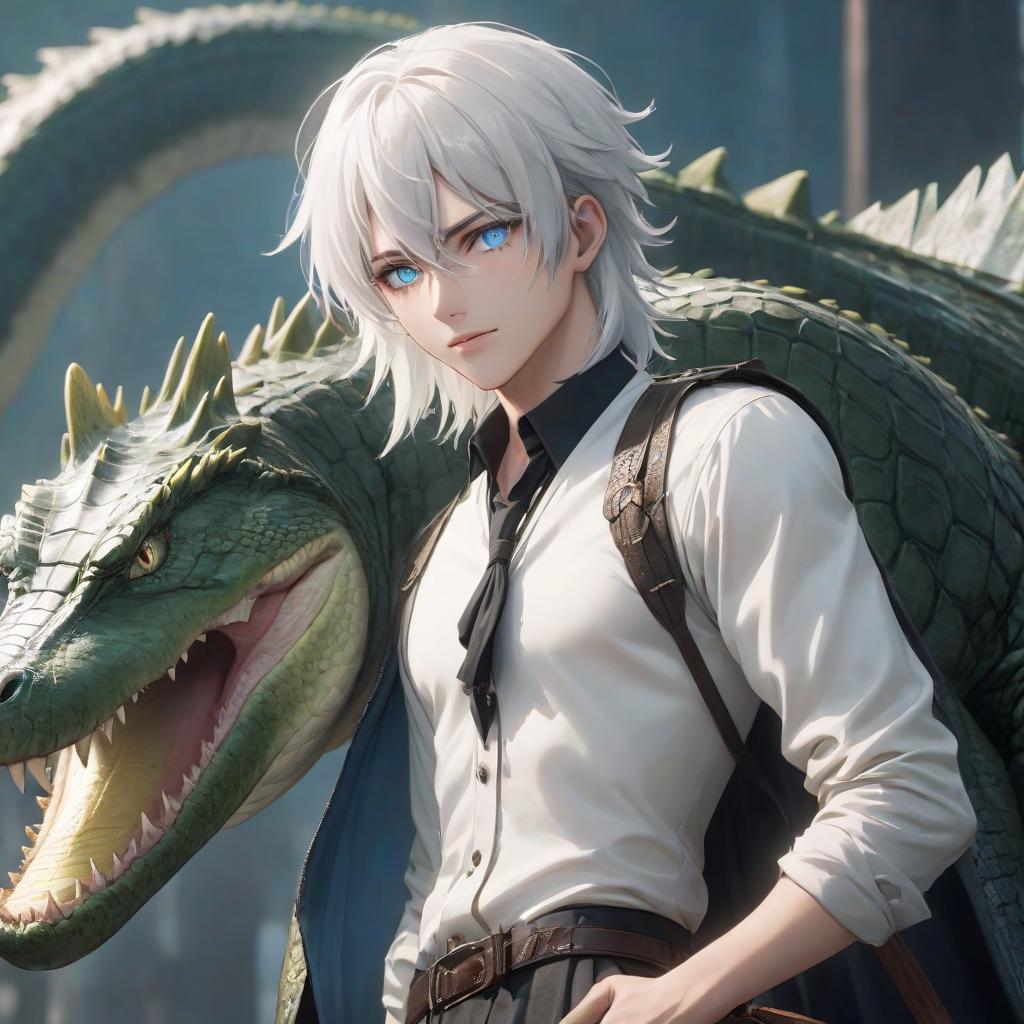  Anime guy with blue eyes, yellowish white hair, crocodile tail. hyperrealistic, full body, detailed clothing, highly detailed, cinematic lighting, stunningly beautiful, intricate, sharp focus, f/1. 8, 85mm, (centered image composition), (professionally color graded), ((bright soft diffused light)), volumetric fog, trending on instagram, trending on tumblr, HDR 4K, 8K