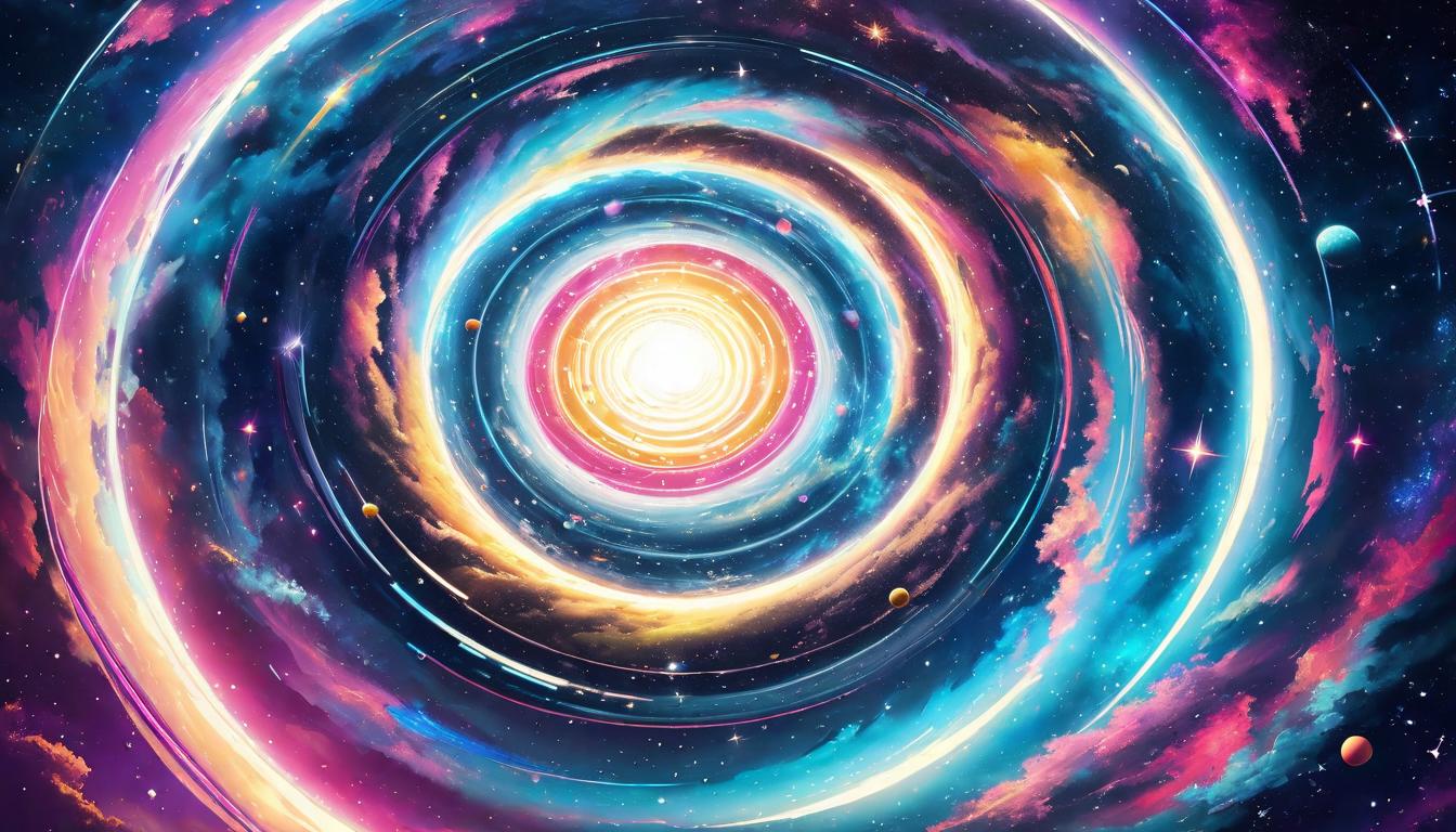  retro futuristic Spiral galaxy, vibrant colors swirling around a luminous core, symbols of spiritual symbols (not specific to any one tradition) floating around the galaxy's perimeter, a palpable sense of cosmic mission. Captivating, mysterious, infinite possibilities. lvintage sci fi, 50s and 60s style, atomic age, vibrant, highly detailed