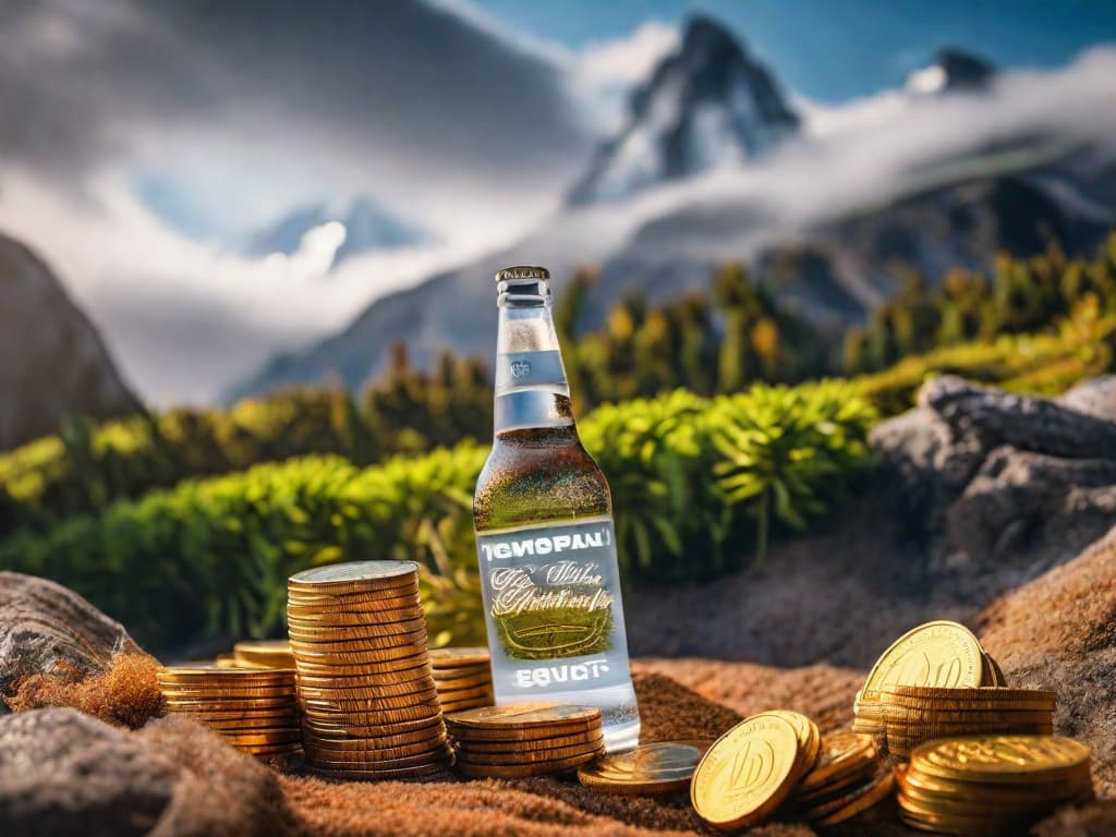  A stack of golden coins ascending in height with a line graph overlay showing an upward trend, and a transparent silhouette of a beer bottle in the background. digital art, ilustration, no flares, clean hyperrealistic, full body, detailed clothing, highly detailed, cinematic lighting, stunningly beautiful, intricate, sharp focus, f/1. 8, 85mm, (centered image composition), (professionally color graded), ((bright soft diffused light)), volumetric fog, trending on instagram, trending on tumblr, HDR 4K, 8K