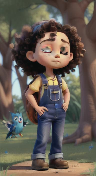  {Riley standing under the tree with eyes closed, making the wish., Riley, a curious with big brown eyes and curly hair, wearing overalls and carrying a small backpack. Their friend, Skye, a bluebird with shiny feathers.