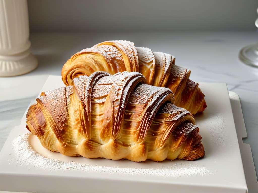  A closeup, ultradetailed image of a perfectly golden croissant, freshly baked and lightly dusted with powdered sugar, resting on a sleek, modern marble countertop. The flaky layers of the croissant glisten in the soft natural light, showcasing the buttery richness that makes it a delightful treat. hyperrealistic, full body, detailed clothing, highly detailed, cinematic lighting, stunningly beautiful, intricate, sharp focus, f/1. 8, 85mm, (centered image composition), (professionally color graded), ((bright soft diffused light)), volumetric fog, trending on instagram, trending on tumblr, HDR 4K, 8K