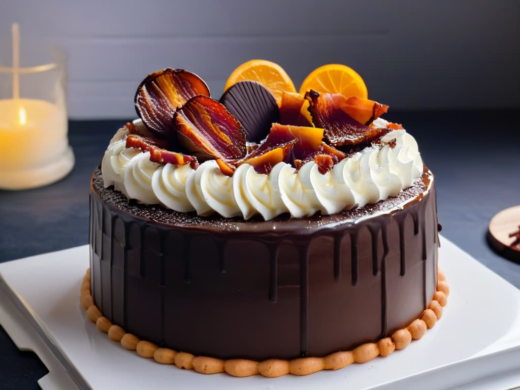  An ultradetailed image of a decadent chocolate cake topped with caramelized bacon pieces, sea salt flakes, and a drizzle of rich dark chocolate ganache, presented on a sleek white plate against a black backdrop. The cake is perfectly sliced to showcase its layers of moist chocolate sponge filled with salted caramel cream, with the glossy ganache elegantly cascading down the sides. The contrast between the sweet, salty, and savory elements creates a visually stunning and tantalizing dessert masterpiece. hyperrealistic, full body, detailed clothing, highly detailed, cinematic lighting, stunningly beautiful, intricate, sharp focus, f/1. 8, 85mm, (centered image composition), (professionally color graded), ((bright soft diffused light)), volumetric fog, trending on instagram, trending on tumblr, HDR 4K, 8K