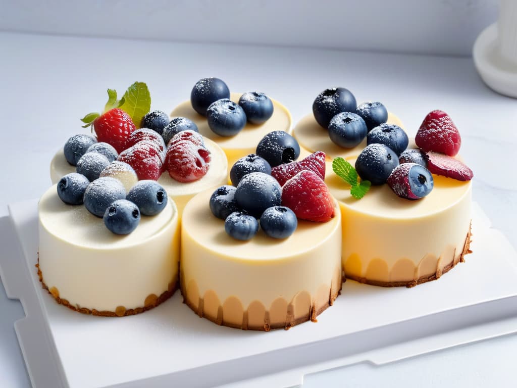  A highly detailed and ultrarealistic image of a variety of keto cheesecakes made with different types of cheese, beautifully presented on a sleek, modern marble platter. Each cheesecake is meticulously garnished with fresh berries, mint leaves, and a delicate drizzle of sugarfree syrup, showcasing the rich textures and vibrant colors of the desserts. The soft ambient lighting highlights the intricate details of the creamy cheesecakes, inviting the viewer to indulge in the decadent yet guiltfree treats. hyperrealistic, full body, detailed clothing, highly detailed, cinematic lighting, stunningly beautiful, intricate, sharp focus, f/1. 8, 85mm, (centered image composition), (professionally color graded), ((bright soft diffused light)), volumetric fog, trending on instagram, trending on tumblr, HDR 4K, 8K