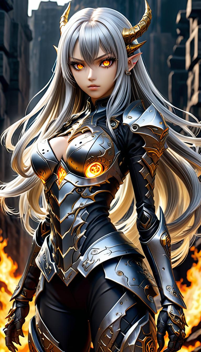  HDR photo of ((in detail)), ((masterpiece)), ((best quality)), ((Magnificent)), Breathtaking, Amazing, Anime, demonic creature (((full body))), born in the abyss of hell, a short and beautiful girl ((full height)), with brown skin, long silver hair, stern and hard gaze with golden eyes with vertical pupils, wears jet black open armor and helmet, half boots, long spear, moonlight, Night glow, Moon illumination, Moonlight, . High dynamic range, vivid, rich details, clear shadows and highlights, realistic, intense, enhanced contrast, highly detailed hyperrealistic, full body, detailed clothing, highly detailed, cinematic lighting, stunningly beautiful, intricate, sharp focus, f/1. 8, 85mm, (centered image composition), (professionally color graded), ((bright soft diffused light)), volumetric fog, trending on instagram, trending on tumblr, HDR 4K, 8K