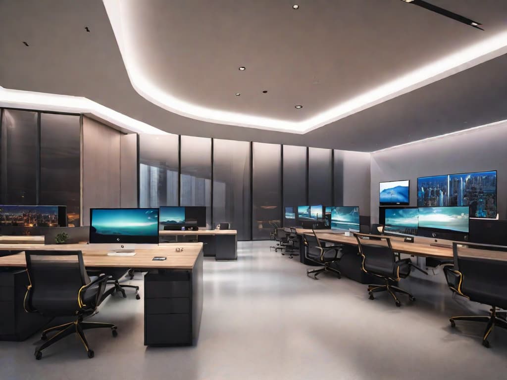  A sleek, modern office space with an open floor plan, featuring high-tech computers on desks, charts displaying growth trends on monitors, and a prominent Grant Thornton logo on the wall. digital art, ilustration, no flares, clean hyperrealistic, full body, detailed clothing, highly detailed, cinematic lighting, stunningly beautiful, intricate, sharp focus, f/1. 8, 85mm, (centered image composition), (professionally color graded), ((bright soft diffused light)), volumetric fog, trending on instagram, trending on tumblr, HDR 4K, 8K