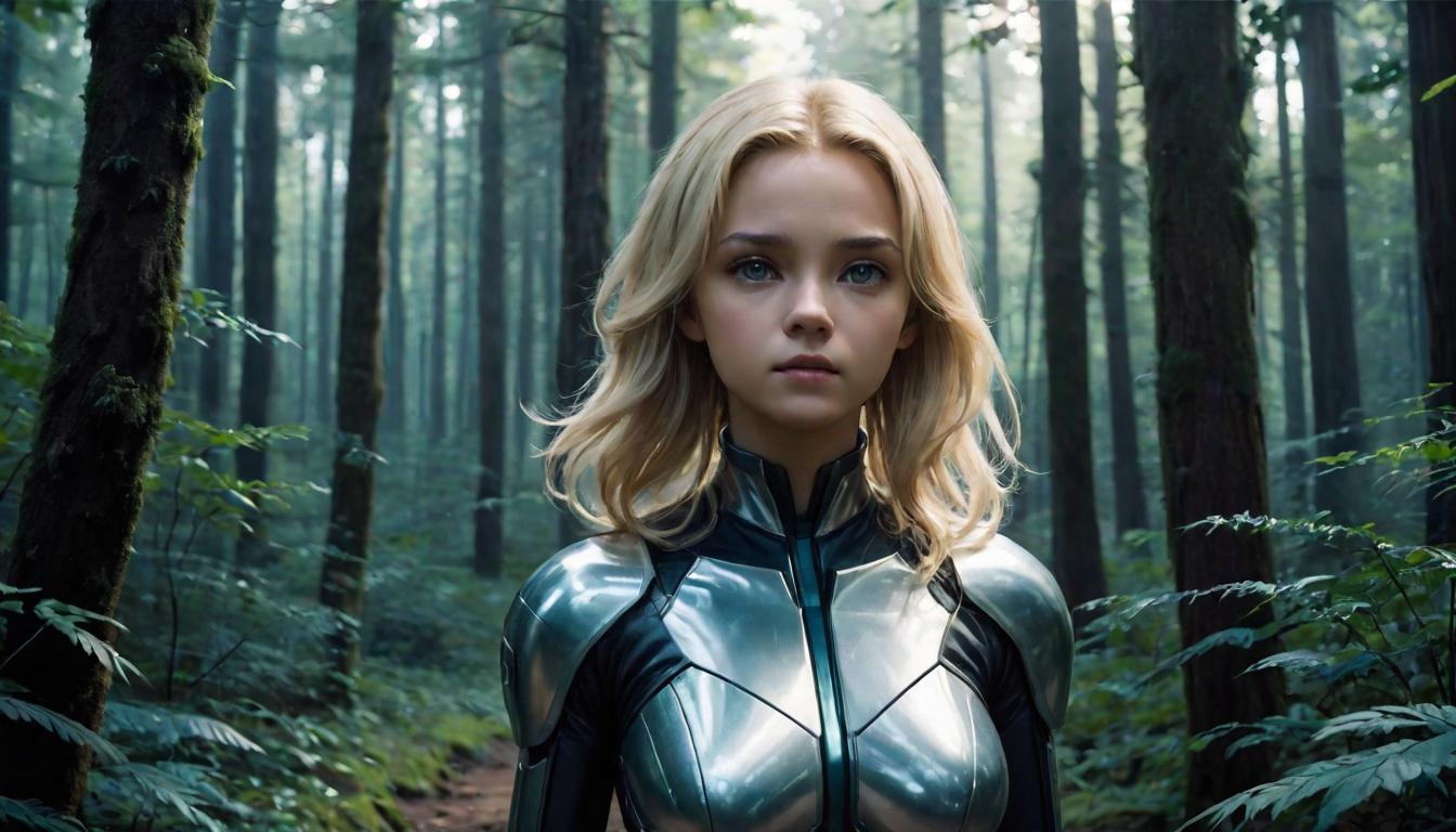  1girl, large busted attractive blonde arian female humanoid, solitary path through a forest, sense of purpose, calm yet determined expression, high tech clothing clad in sleek, futuristic costume with metallic accents and form fitting designs, marvel superhero comics style, unreal engine rendering