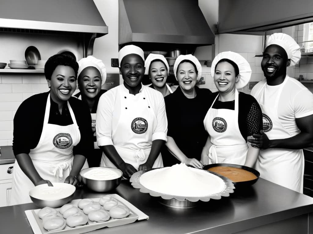  An intricate black and white illustration showcasing a diverse group of men and women from different racial backgrounds, joyfully baking together in a kitchen filled with traditional South African desserts like melktert and koeksisters. The image captures the essence of unity and resilience during the challenging times of apartheid, symbolizing hope and cultural preservation through the art of baking. hyperrealistic, full body, detailed clothing, highly detailed, cinematic lighting, stunningly beautiful, intricate, sharp focus, f/1. 8, 85mm, (centered image composition), (professionally color graded), ((bright soft diffused light)), volumetric fog, trending on instagram, trending on tumblr, HDR 4K, 8K