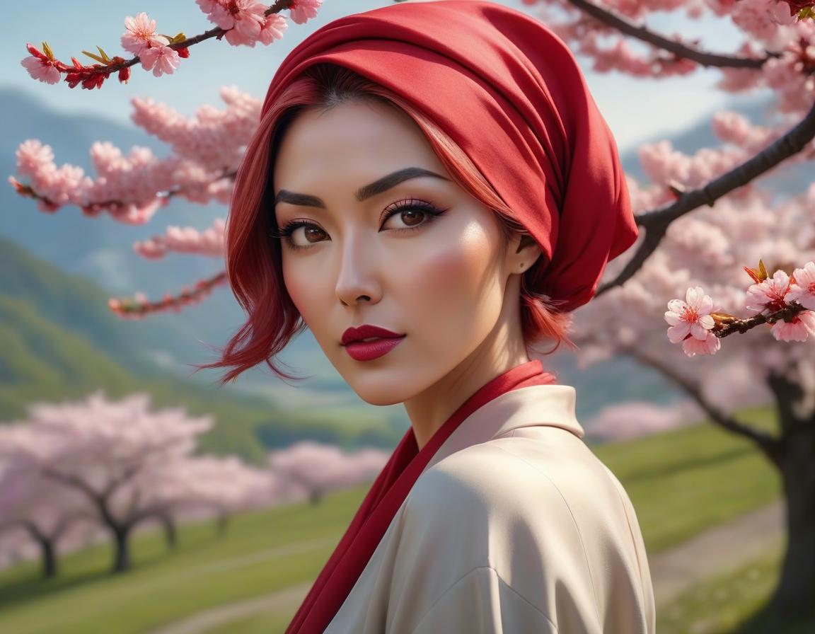  A digital art portrait of a woman with a red headscarf, cherry blossoms in her hair, and serene landscape in the background. hyperrealistic, full body, detailed clothing, highly detailed, cinematic lighting, stunningly beautiful, intricate, sharp focus, f/1. 8, 85mm, (centered image composition), (professionally color graded), ((bright soft diffused light)), volumetric fog, trending on instagram, trending on tumblr, HDR 4K, 8K