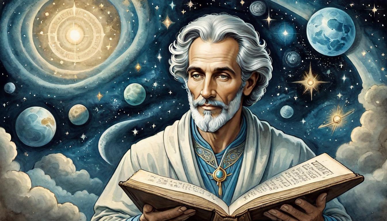  on parchment, surrealism+++, A majestic figure with a serene expression, holding an ancient book, cosmic background with intricate galaxies, sage guiding seekers, eternal guide(mysterious, provocative, symbolic,muted color)+++