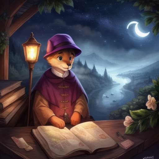  watercolor, storybook, child-book, Young boy sitting on a red broom, looking at a map with a purple hat, night sky with a crescent moon, yellow stars, and a small village below., best quality, very detailed, high resolution, sharp, sharp image hyperrealistic, full body, detailed clothing, highly detailed, cinematic lighting, stunningly beautiful, intricate, sharp focus, f/1. 8, 85mm, (centered image composition), (professionally color graded), ((bright soft diffused light)), volumetric fog, trending on instagram, trending on tumblr, HDR 4K, 8K
