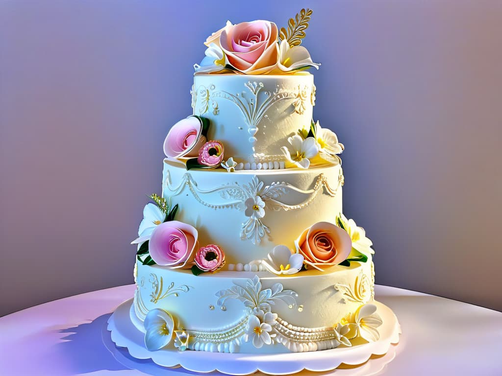  A closeup, ultradetailed image of a perfectly frosted and decorated threetiered wedding cake. The cake features intricate lacelike piping details, delicate sugar flowers in pastel hues, and shimmering edible gold accents. The lighting is soft, highlighting the craftsmanship and artistry of the cake design, with every tiny detail crystal clear in the highresolution image. hyperrealistic, full body, detailed clothing, highly detailed, cinematic lighting, stunningly beautiful, intricate, sharp focus, f/1. 8, 85mm, (centered image composition), (professionally color graded), ((bright soft diffused light)), volumetric fog, trending on instagram, trending on tumblr, HDR 4K, 8K