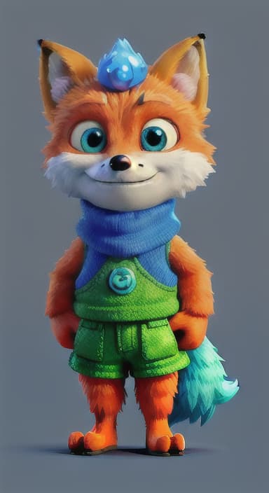  {Error the fox pressing the blue button with his paw, looking puzzled as nothing occurs., Error is a small, bright orange fox with a fluffy tail and big, inquisitive eyes. He has a mischievous yet kind expression and wears a tiny green scarf.