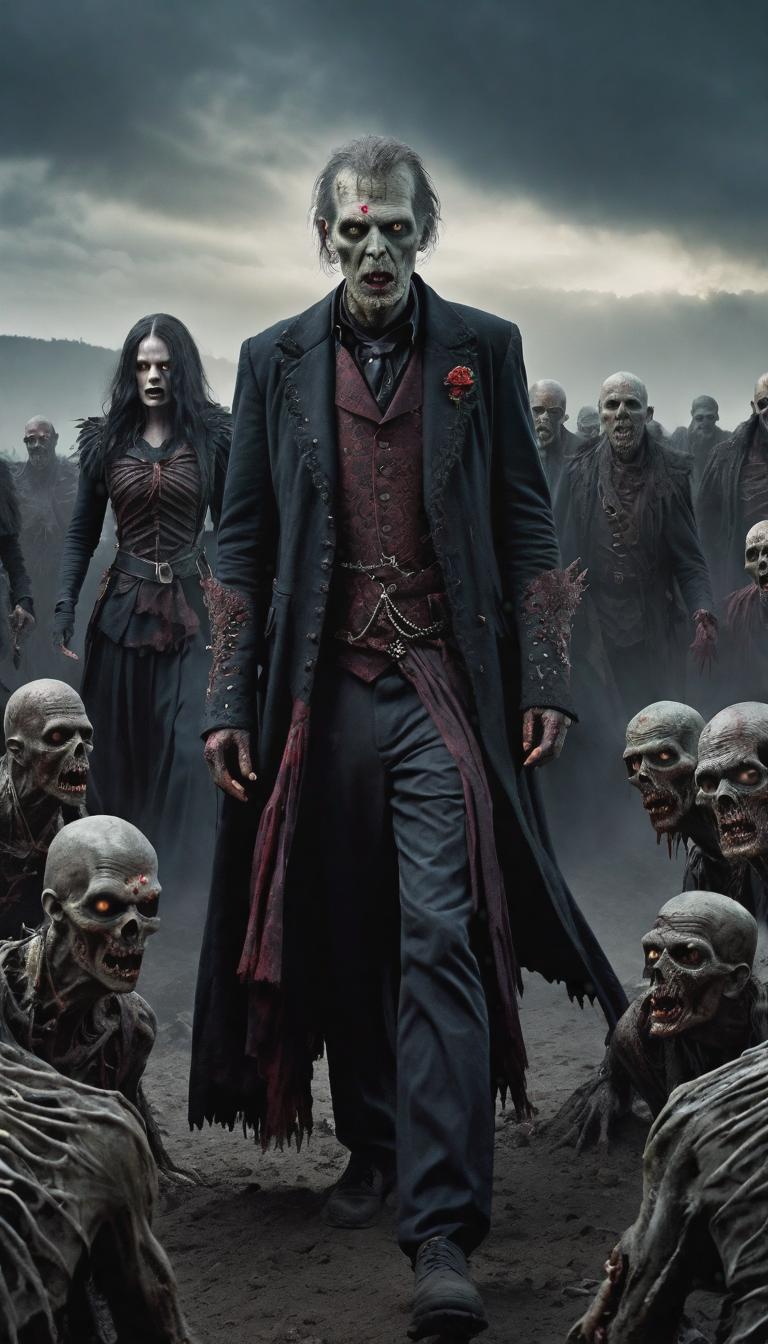  gothic style depiction of a zombie horde in a desolate landscape. Dark, mysterious, scary, haunting, dramatic, ornate, detailed. . dark, mysterious, haunting, dramatic, ornate, detailed, hyperrealistic, full body, detailed clothing, highly detailed, cinematic lighting, stunningly beautiful, intricate, sharp focus, f/1. 8, 85mm, (centered image composition), (professionally color graded), ((bright soft diffused light)), volumetric fog, trending on instagram, trending on tumblr, HDR 4K, 8K