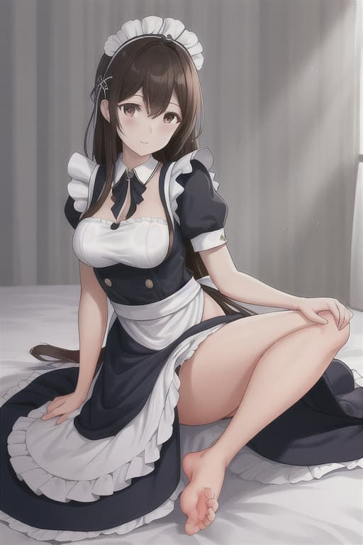  (score 9,score 8 up,score 7 up,),1girl,solo,maid,maid headdress,looking at viewer,apron,brown hair,indoors,black hair,bare foot,feet focus,two feet hyperrealistic, full body, detailed clothing, highly detailed, cinematic lighting, stunningly beautiful, intricate, sharp focus, f/1. 8, 85mm, (centered image composition), (professionally color graded), ((bright soft diffused light)), volumetric fog, trending on instagram, trending on tumblr, HDR 4K, 8K