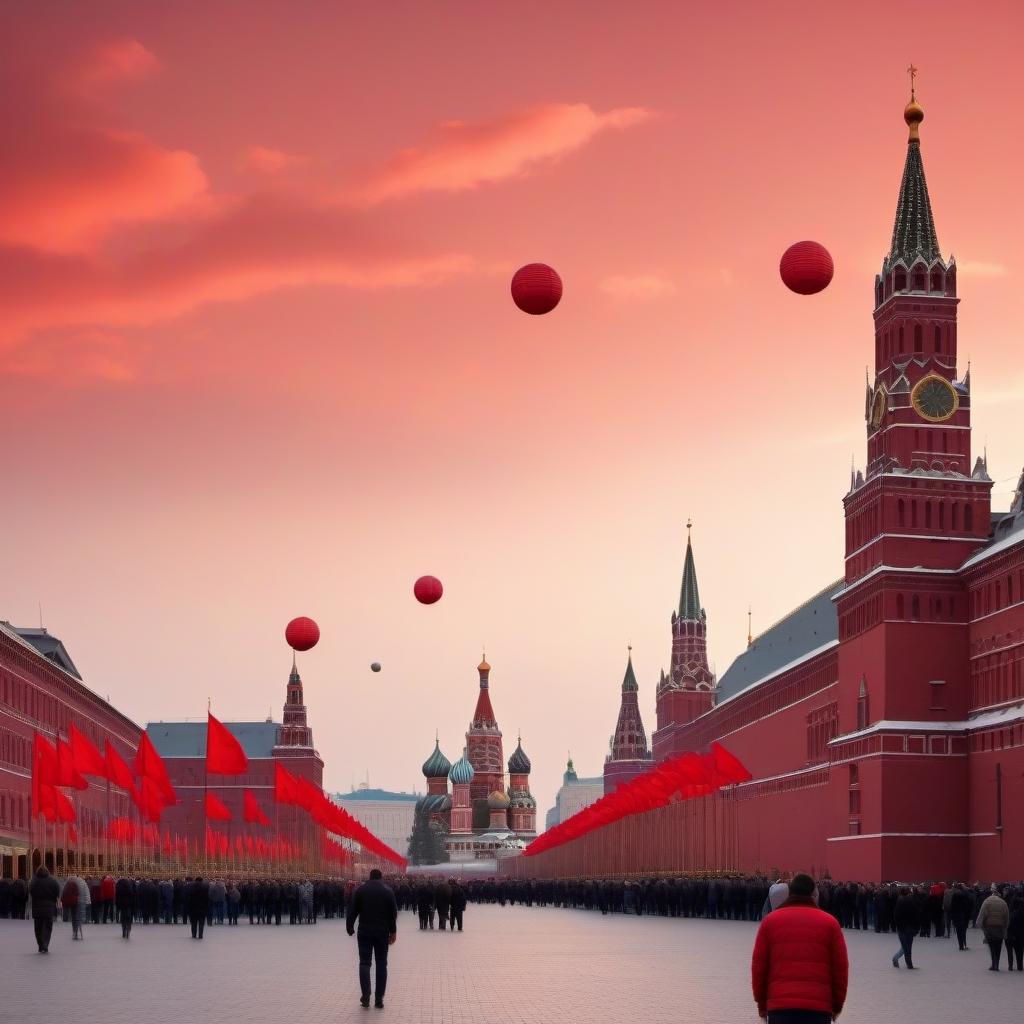  Red Square, workers' columns, red flags and balls in the sky, the first of May Feast of Labor, Peace and Joy