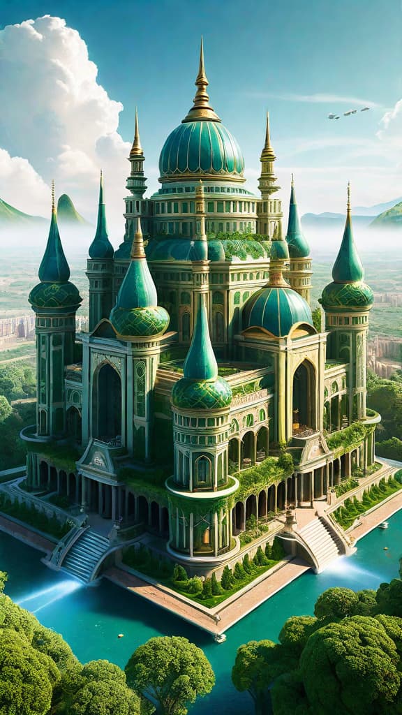  (An imposing, ornate palace like structure with grand domes, spires, and intricate architectural details, situated in a lush, verdant landscape. The palace is surrounded by a bustling city with a mix of classical and futuristic looking buildings. In the sky above, there are floating platforms and structures, hinting at the advanced technology of the Tartarian Empire. The overall scene conveys a sense of a highly developed, visually striking civilization that thrived in the past, now hidden from the modern world.) hyperrealistic, full body, detailed clothing, highly detailed, cinematic lighting, stunningly beautiful, intricate, sharp focus, f/1. 8, 85mm, (centered image composition), (professionally color graded), ((bright soft diffused light)), volumetric fog, trending on instagram, trending on tumblr, HDR 4K, 8K