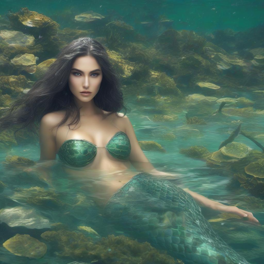  "Fantasy. Digital photo. A mermaid swims underwater in the depths of the sea. Her tail is green. Her figure is slim and slender. Beautiful face. Skin of a grayish hue. Pale eyes. Long dark green hair. Swims in the ocean at depths among seaweed. Mysterious atmosphere. Fantasy." Translation: Fantasy, digital photo. A mermaid swims underwater in the depths of the sea, with a green tail. Her figure is slim and slender. She has a beautiful face, grayish skin, pale eyes, and long dark green hair. She swims in the ocean at depths surrounded by seaweed, creating a mysterious atmosphere. Fantasy. hyperrealistic, full body, detailed clothing, highly detailed, cinematic lighting, stunningly beautiful, intricate, sharp focus, f/1. 8, 85mm, (centered image composition), (professionally color graded), ((bright soft diffused light)), volumetric fog, trending on instagram, trending on tumblr, HDR 4K, 8K