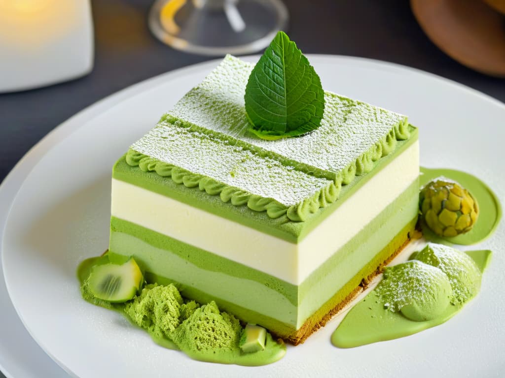  An 8k ultradetailed image of a perfectly layered tiramisù dessert in a modern, minimalistic presentation, showcasing the vibrant green matcha powder dusted on top of the creamy layers. The dessert is elegantly placed on a sleek, white plate with subtle, sophisticated props around it, emphasizing the gourmet aspect of the dish. The lighting is soft, creating a luxurious and inviting ambiance that captures the essence of this fusion gourmet dessert. hyperrealistic, full body, detailed clothing, highly detailed, cinematic lighting, stunningly beautiful, intricate, sharp focus, f/1. 8, 85mm, (centered image composition), (professionally color graded), ((bright soft diffused light)), volumetric fog, trending on instagram, trending on tumblr, HDR 4K, 8K