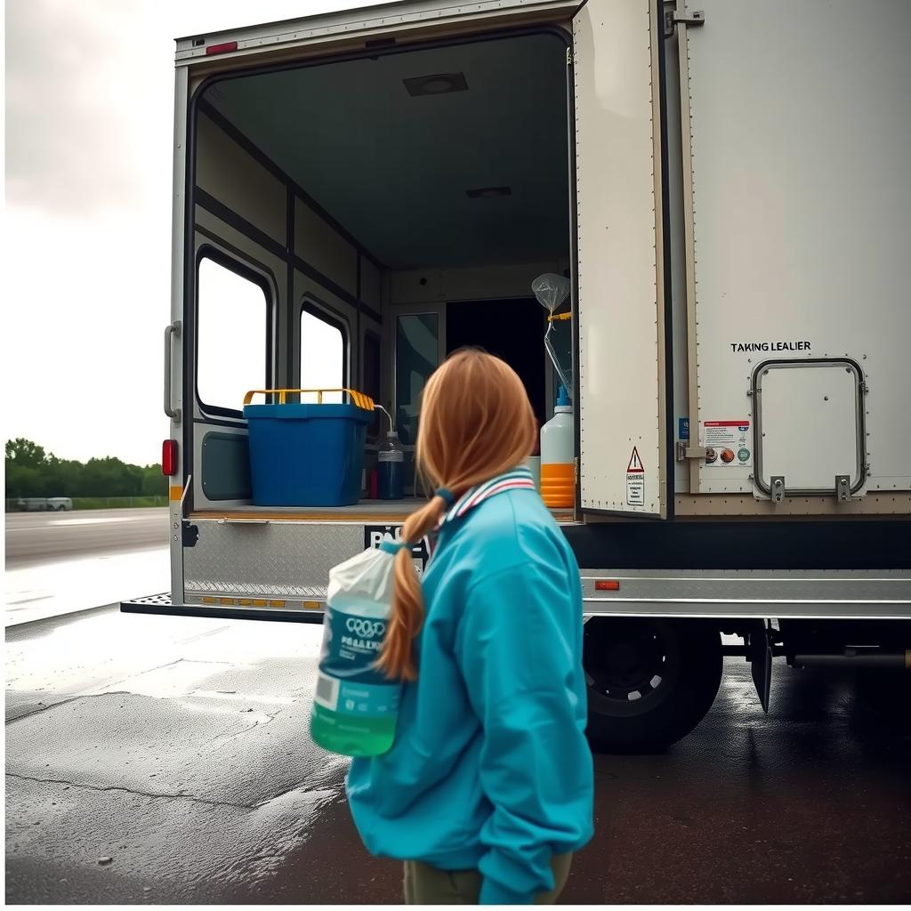  chemicals leaking from the rear door of a delivery truck hyperrealistic, full body, detailed clothing, highly detailed, cinematic lighting, stunningly beautiful, intricate, sharp focus, f/1. 8, 85mm, (centered image composition), (professionally color graded), ((bright soft diffused light)), volumetric fog, trending on instagram, trending on tumblr, HDR 4K, 8K