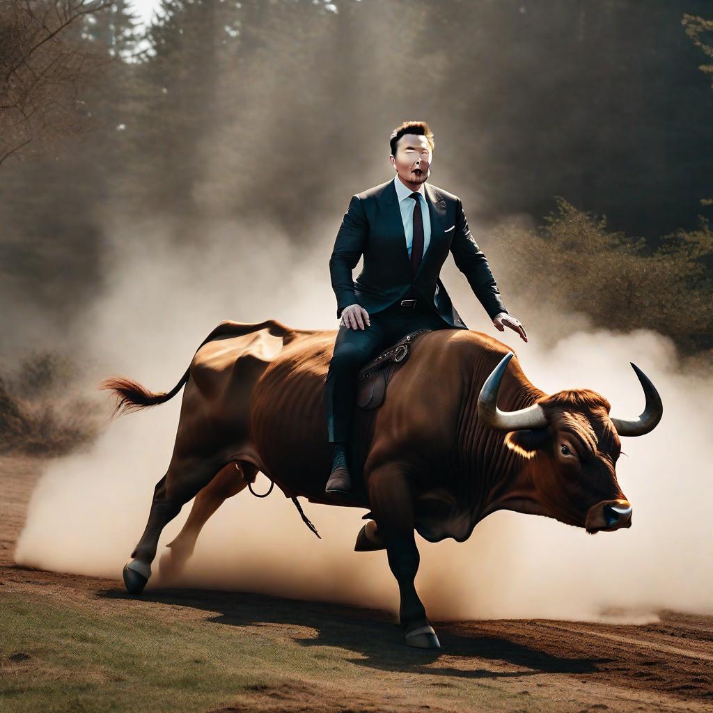  elon musk getting chased by a bull hyperrealistic, full body, detailed clothing, highly detailed, cinematic lighting, stunningly beautiful, intricate, sharp focus, f/1. 8, 85mm, (centered image composition), (professionally color graded), ((bright soft diffused light)), volumetric fog, trending on instagram, trending on tumblr, HDR 4K, 8K