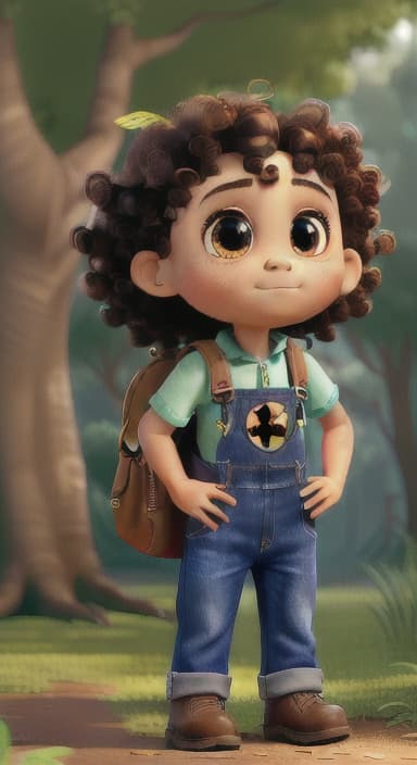  {The tree with a twinkling eye, while its leaves gently rustle., Riley, a curious with big brown eyes and curly hair, wearing overalls and carrying a small backpack. Their friend, Skye, a bluebird with shiny feathers.