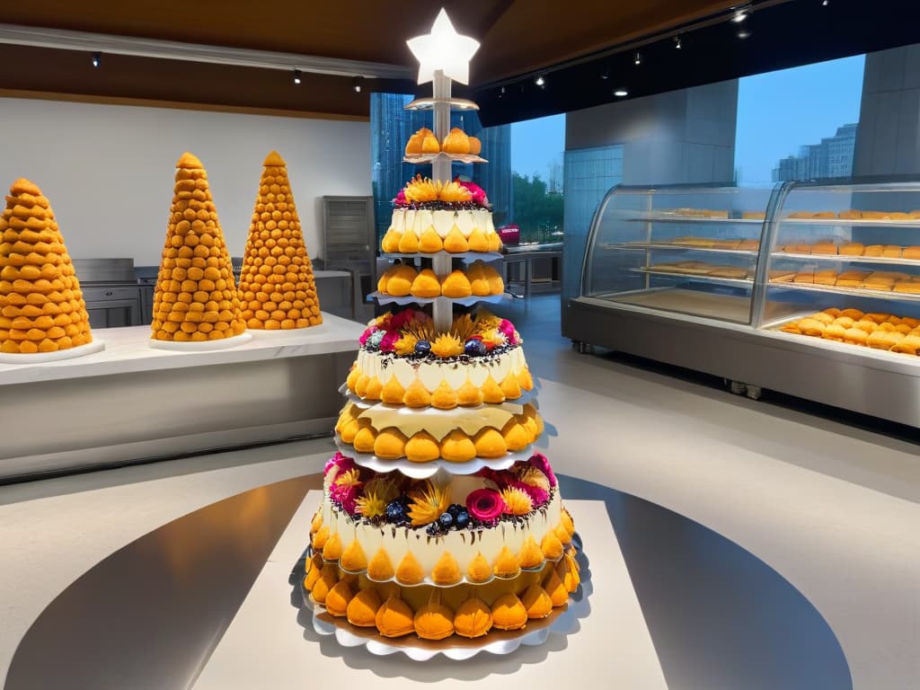  A highresolution image depicting a modern, sleek Canadian bakery kitchen with stainless steel countertops, a row of neatly arranged maple syrupinfused pastries on a marble display, and a skilled pastry chef meticulously decorating a towering croquembouche with delicate sugar flowers under soft, warm lighting. hyperrealistic, full body, detailed clothing, highly detailed, cinematic lighting, stunningly beautiful, intricate, sharp focus, f/1. 8, 85mm, (centered image composition), (professionally color graded), ((bright soft diffused light)), volumetric fog, trending on instagram, trending on tumblr, HDR 4K, 8K