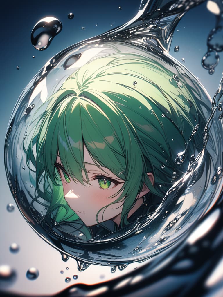  Green hair character in a large droplet drip, masterpiece, best quality,8k,ultra detailed,high resolution,an extremely delicate and beautiful,hyper detail