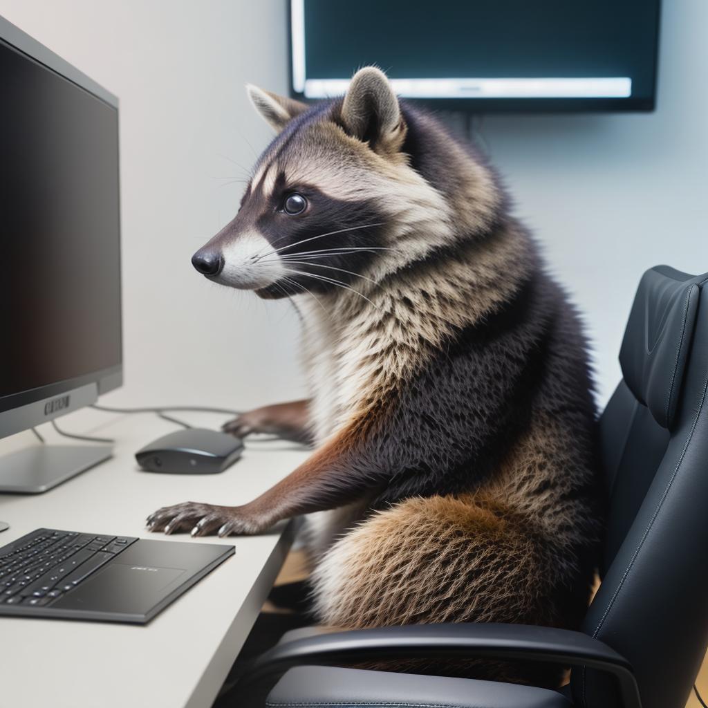  raccoon sitting in gaming chair front a computer on desktop, ((semi anthropomorphic)),(full body), tail, belly, sitting, fat, (chubby), (((white background))), solo, desktop, gaming chair, side view,  [[[clothes]]] hyperrealistic, full body, detailed clothing, highly detailed, cinematic lighting, stunningly beautiful, intricate, sharp focus, f/1. 8, 85mm, (centered image composition), (professionally color graded), ((bright soft diffused light)), volumetric fog, trending on instagram, trending on tumblr, HDR 4K, 8K