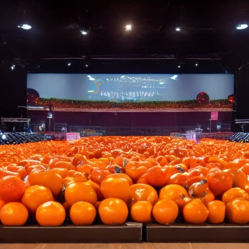  photo of musical stage with central minimalist big stairs with huge oranges fruits on both sides, orange and white colours