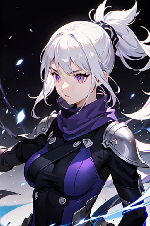  upper body, 1girl, white hair, ponytail, purple eyes, (ninja), short sword, medium breats ,scarf, wallpaper, magic circle background, light particles, blue fire hyperrealistic, full body, detailed clothing, highly detailed, cinematic lighting, stunningly beautiful, intricate, sharp focus, f/1. 8, 85mm, (centered image composition), (professionally color graded), ((bright soft diffused light)), volumetric fog, trending on instagram, trending on tumblr, HDR 4K, 8K