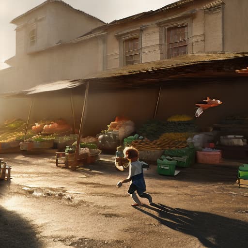 redshift style a vegetable market, a kitten running and stealing a fish in its teeth, a boy chasing after it